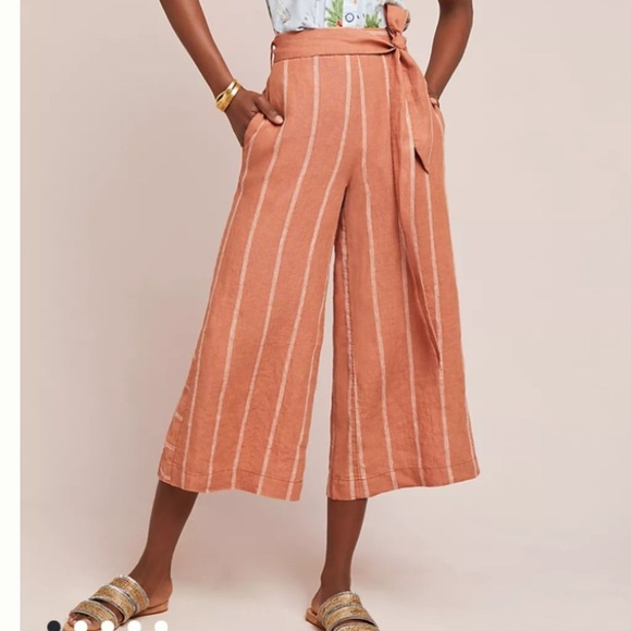 Anthropologie Pull On Belted Cropped Linen Blend Salmon / Cherry Stripe Pants - Picture 1 of 7